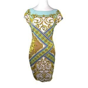 Vtg y2k Cache pencil dress S ASO True Blood gold filigree scroll mobwife bodycon